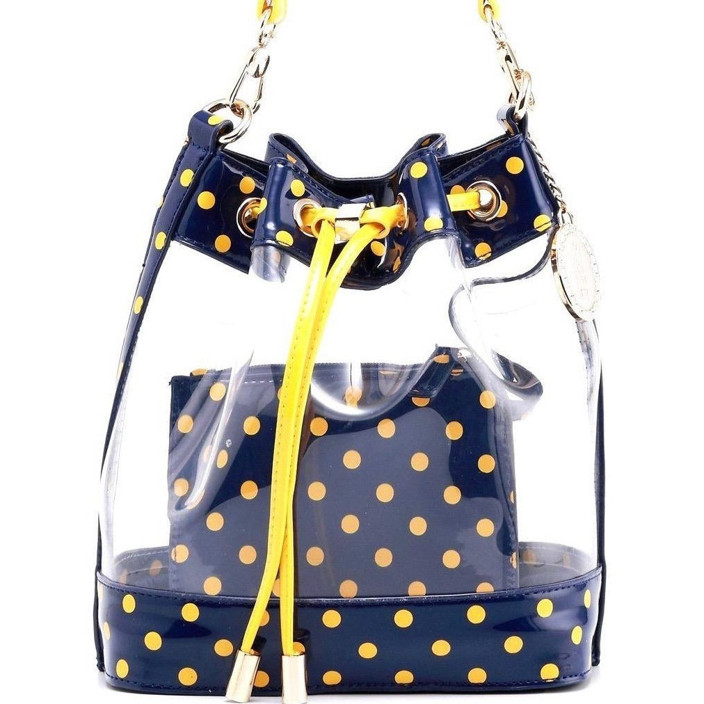 SCORE! Clear Sarah Jean Designer Crossbody Polka Dot Boho Bucket Bag-Navy Blue and Gold Yellow