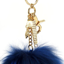 Real Fur Puff Ball Pom-Pom 6" Accessory Dangle Purse Charm - Royal Blue with Gold Hardware