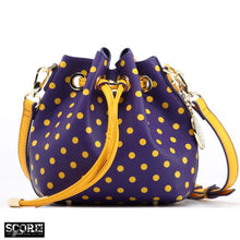 SCORE! Sarah Jean Small Crossbody Polka dot BoHo Bucket Bag - Purple and Gold Yellow