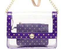 SCORE! Chrissy Medium Designer Clear Cross-body Bag -Royal Purple and Metallic Gold