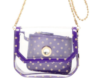 SCORE! Chrissy Medium Designer Clear Cross-body Bag -Royal Purple and Metallic Gold