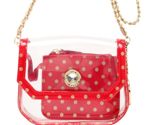 SCORE! Chrissy Small Designer Clear Crossbody Bag - Red and Gold