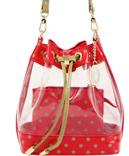 SCORE! Clear Sarah Jean Designer Crossbody Polka Dot Boho Bucket Bag-Red and Olive Green