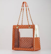 SCORE! Andrea Large Clear Designer Tote for School, Work, Travel - Burnt Sienna Orange and White