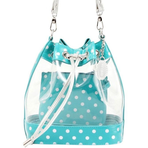 SCORE! Clear Sarah Jean Designer Crossbody Polka Dot Boho Bucket Bag-Turquoise and Silver