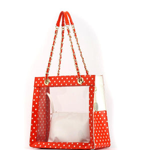 SCORE! Andrea Large Clear Designer Tote for School, Work, Travel - Bright Orange and White