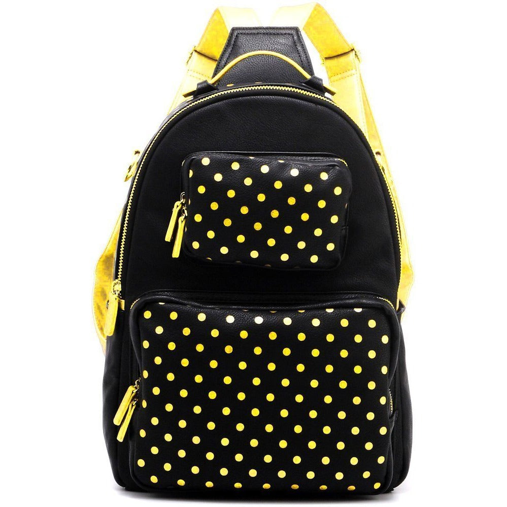 SCORE! Natalie Michelle Medium Polka Dot Designer Backpack  - Black and Gold Yellow