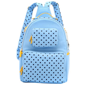 SCORE! Natalie Michelle Medium Polka Dot Designer Backpack  - Light Blue, Navy Blue and Yellow Gold