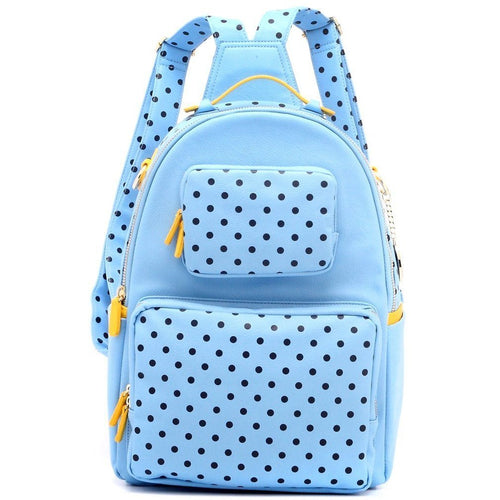 SCORE! Natalie Michelle Medium Polka Dot Designer Backpack  - Light Blue, Navy Blue and Yellow Gold