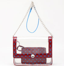 SCORE! Chrissy Medium Designer Clear Cross-body Bag - Maroon and Blue