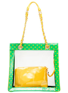 SCORE! Andrea Large Clear Designer Tote for School, Work, Travel - Fern Green and Yellow Gold