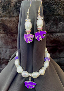 Kansas State Wildcats Logo Pearl and Rhinestone Earrings and bracelet set