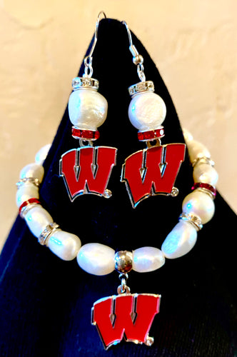 Wisconsin Logo W pearl and rhinestone earrings and bracelet set