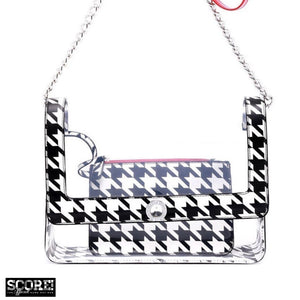 SCORE! Chrissy Medium Designer Clear Cross-body Bag - Black and White Houndstooth and Red