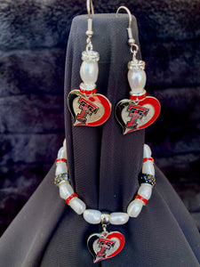 Texas Tech Red Raiders Heart Logo Pearl & Rhinestone Earrings and bracelet set