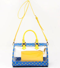 SCORE! Moniqua Large Designer Clear Crossbody Satchel - Imperial Royal Blue and Yellow Gold