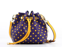 SCORE! Sarah Jean Small Crossbody Polka dot BoHo Bucket Bag - Purple and Gold Yellow