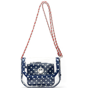SCORE! Chrissy Small Designer Clear Crossbody Bag - Navy Blue, White and Red