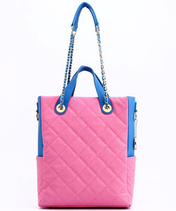 SCORE!'s Kat Travel Tote for Business, Work, or School Quilted Shoulder Bag - Pink and Blue