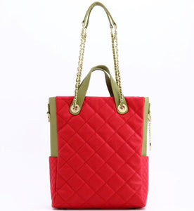 SCORE!'s Kat Travel Tote for Business, Work, or School Quilted Shoulder Bag - Red and Olive Green